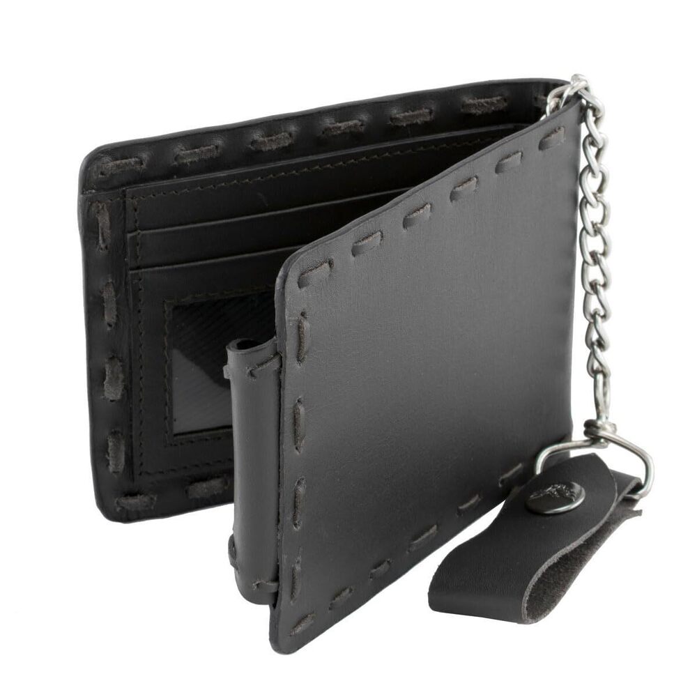 4625 MLW7810 's Black Leather Whip Stitch Bi-Fold Biker Wallet with Steel